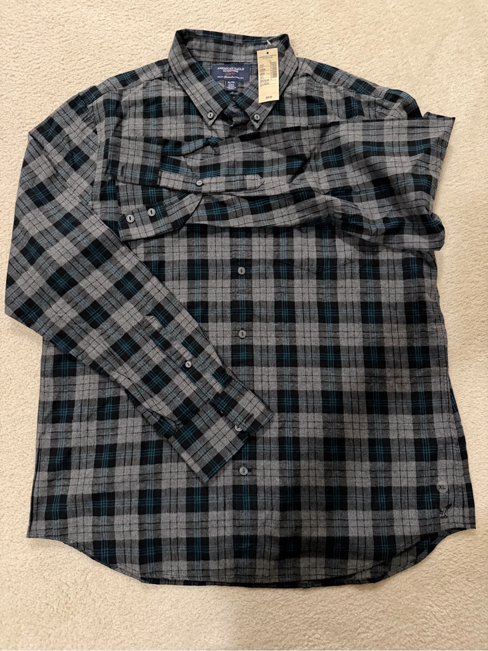 American Eagle Outfitters Gray and Black Plaid Button-Down with Teal Accents